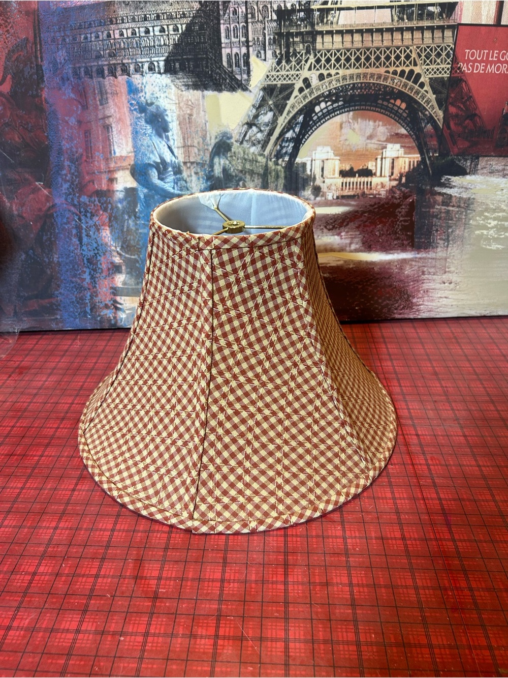 VTG Lamp Shade Gingham Check Red & Tan Primitive Decor